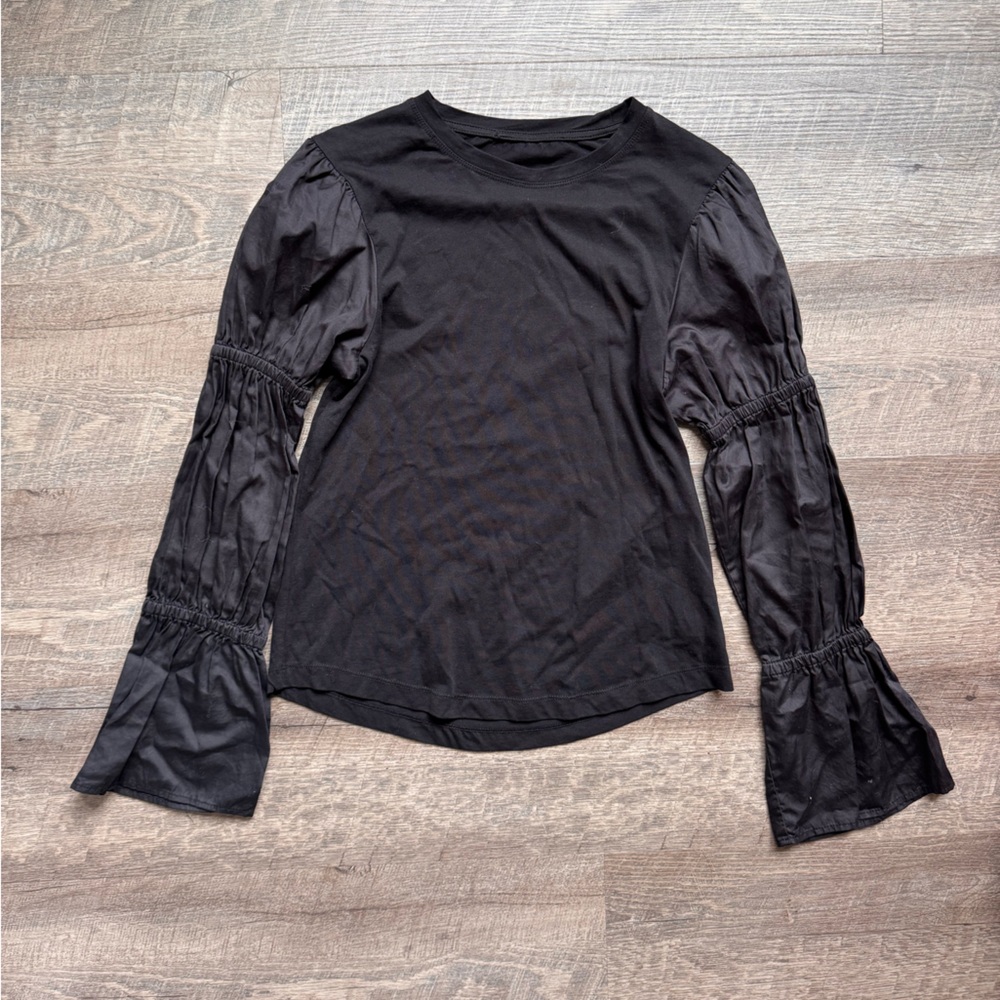 Something Navy Black Ruched Bell Sleeve Blouse